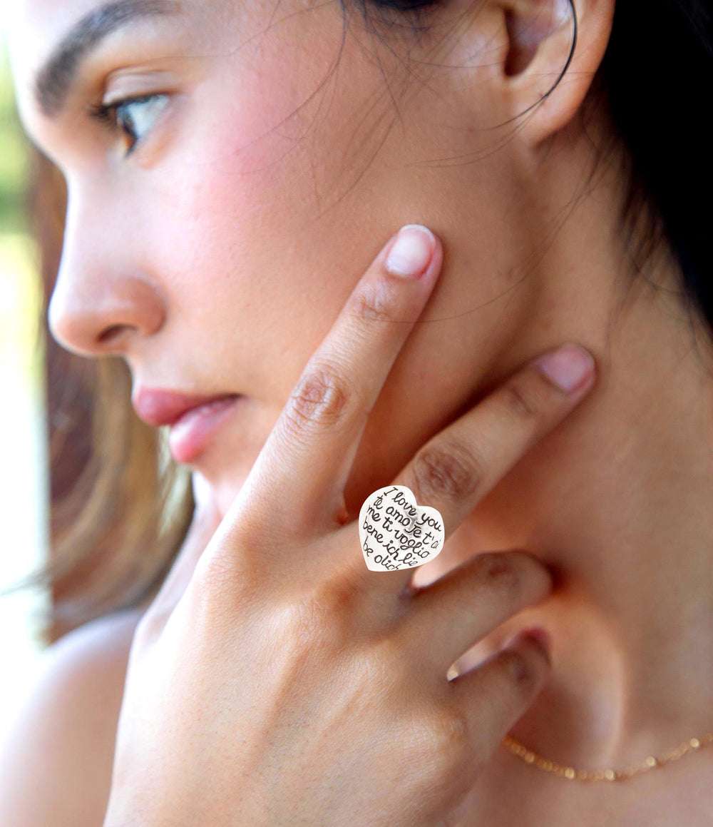 Sterling Silver Engraved Heart Statement Ring from KADOU Boutique