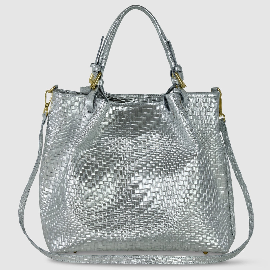 Italian Genuine Basketweave-Embossed Metallic Suede Top-Handle Bag | Imperia