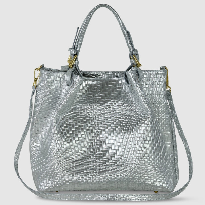 Italian Genuine Basketweave-Embossed Metallic Suede Top-Handle Bag | Imperia