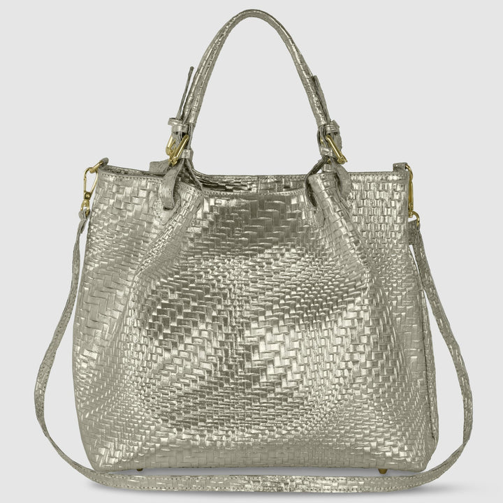 Italian Genuine Basketweave-Embossed Metallic Suede Top-Handle Bag | Imperia