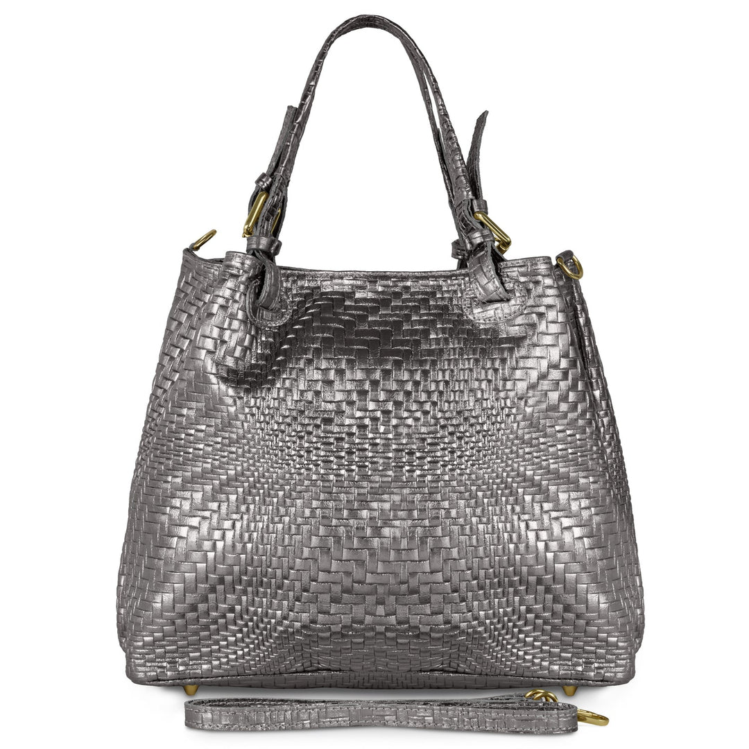 Italian Genuine Basketweave-Embossed Metallic Suede Top-Handle Bag | Imperia