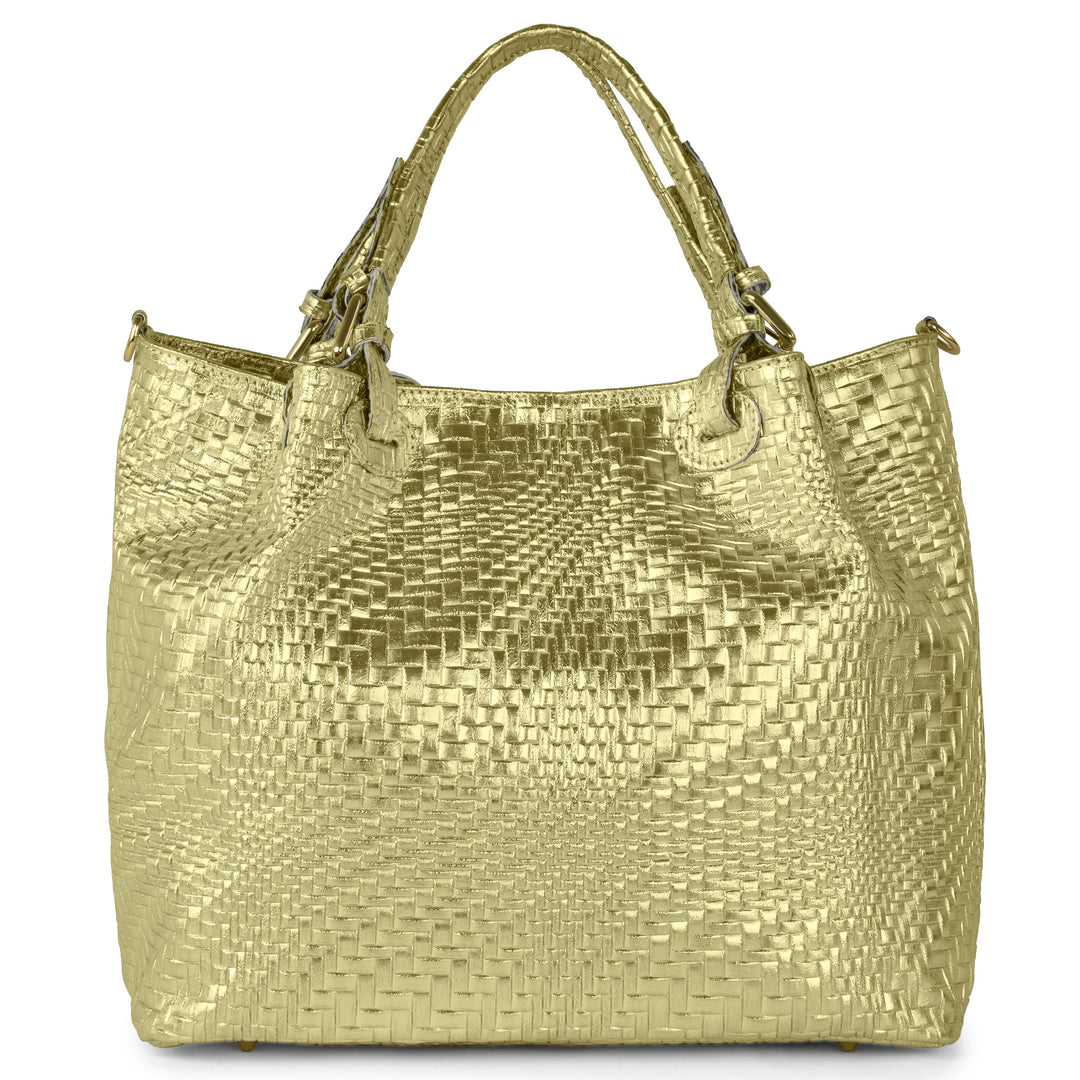 Italian Genuine Basketweave-Embossed Metallic Suede Top-Handle Bag | Imperia from KADOU Boutique
