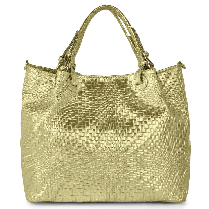 Italian Genuine Basketweave-Embossed Metallic Suede Top-Handle Bag | Imperia from KADOU Boutique