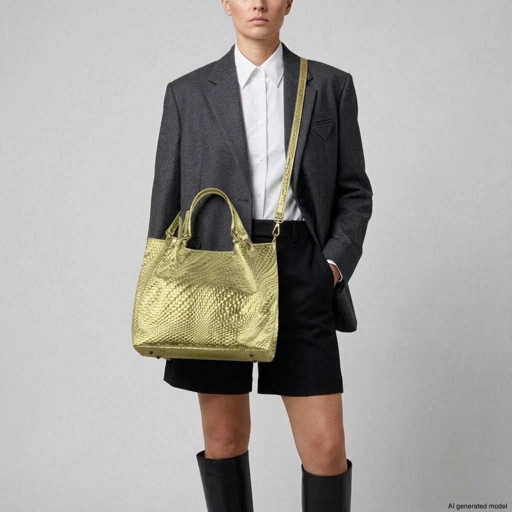 Italian Genuine Basketweave-Embossed Metallic Suede Top-Handle Bag | Imperia from KADOU Boutique