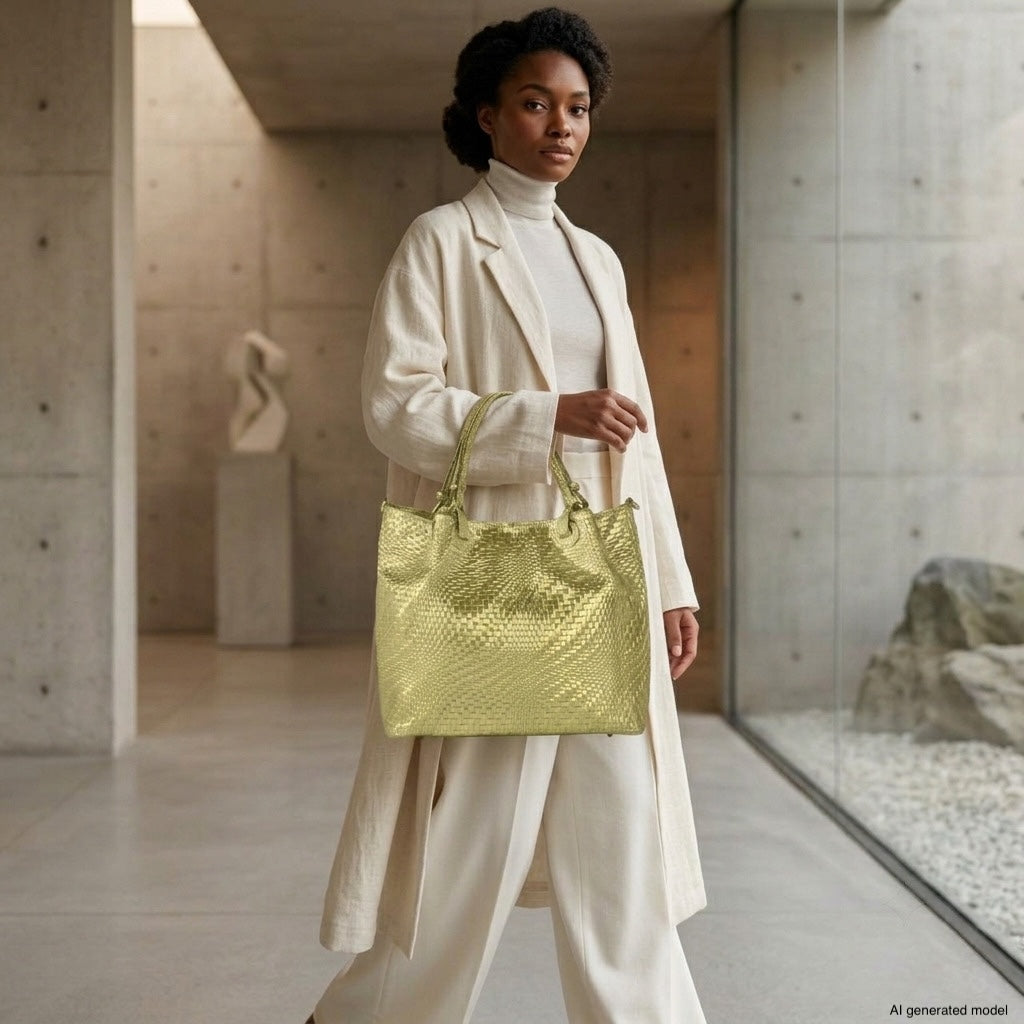 Italian Genuine Basketweave-Embossed Metallic Suede Top-Handle Bag | Imperia from KADOU Boutique