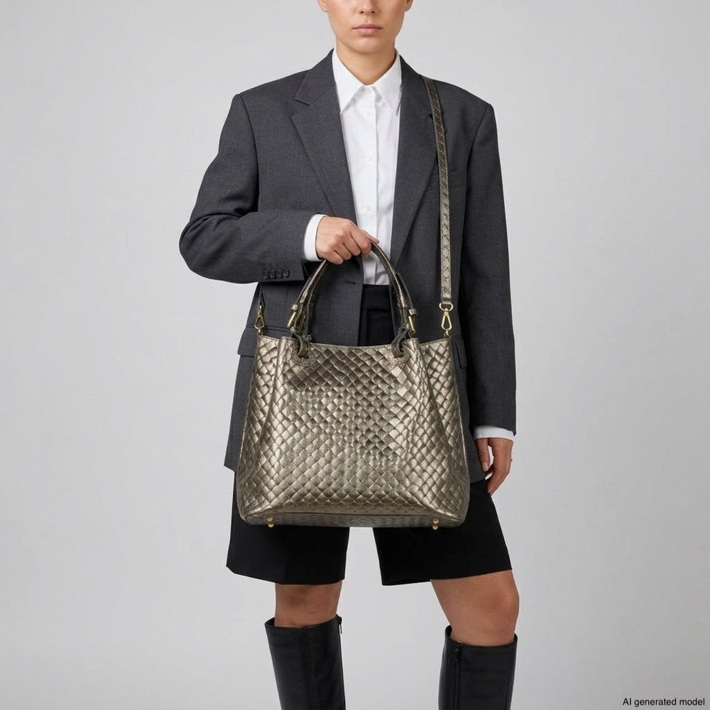 Italian Genuine Woven-Embossed Metallic Suede Top-Handle Bag | Savona from KADOU Boutique