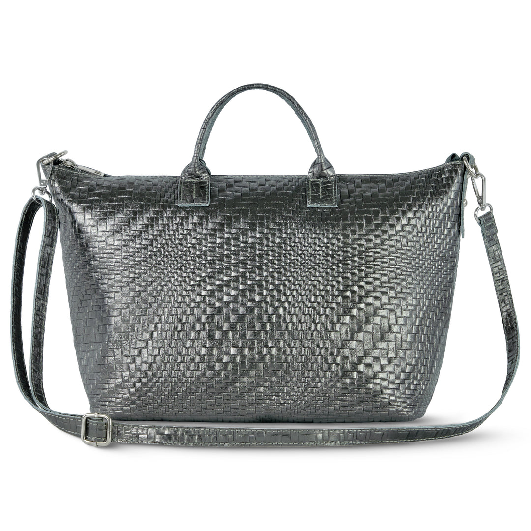 Italian Genuine Basketweave-Embossed Metallic Suede Top-Handle Bag | Treviso