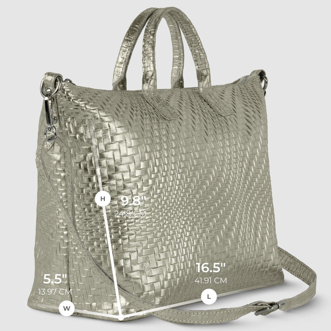 Italian Genuine Basketweave-Embossed Metallic Suede Top-Handle Bag | Treviso