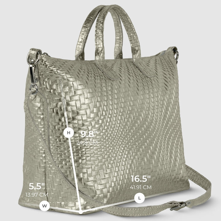 Italian Genuine Basketweave-Embossed Metallic Suede Top-Handle Bag | Treviso