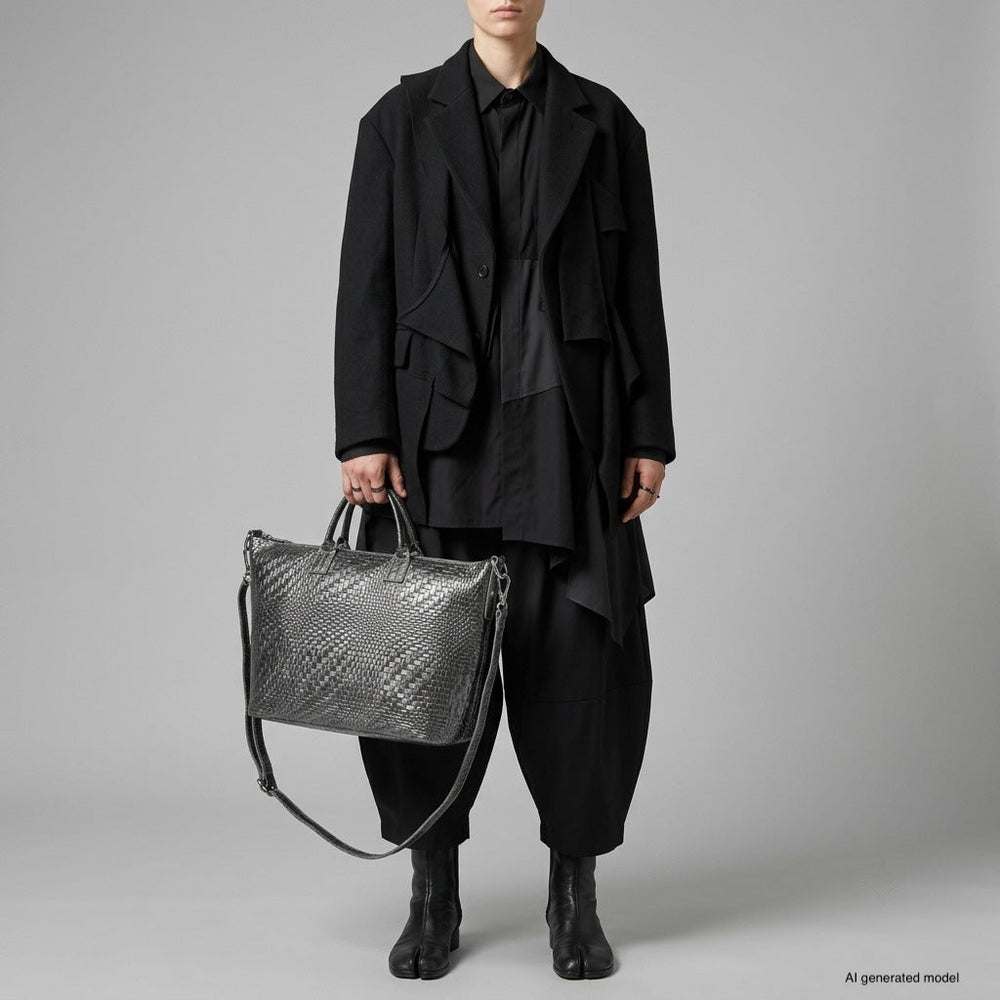 Italian Genuine Basketweave-Embossed Metallic Suede Top-Handle Bag | Treviso from KADOU Boutique