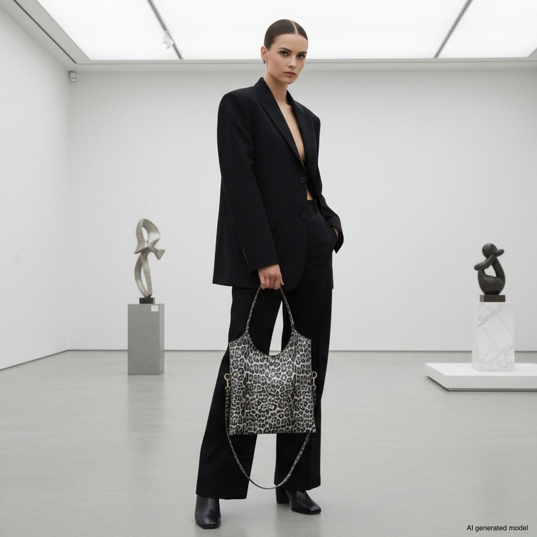 Italian Genuine Leopard-Print Metallic Suede Tote Bag | Catania
