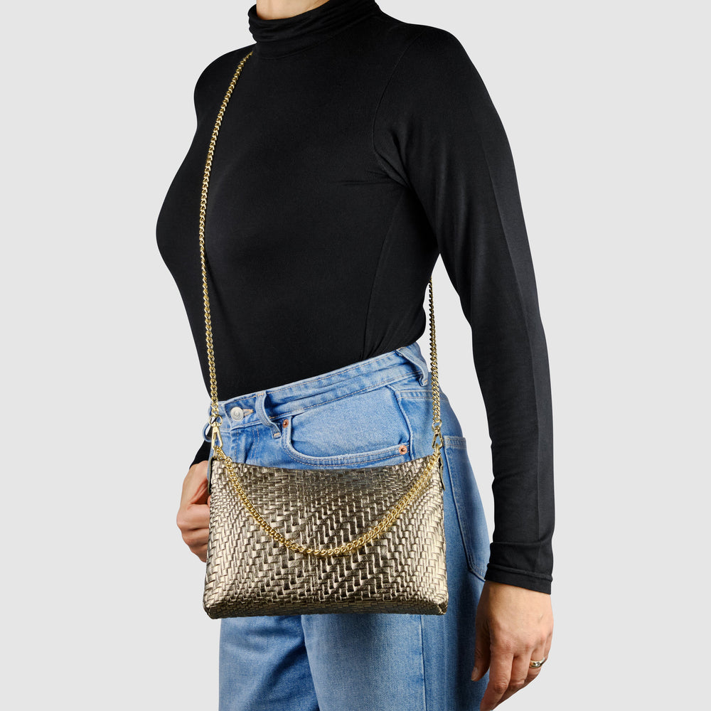 Italian Genuine Basketweave-Embossed Metallic Suede Crossbody Bag | Bari from KADOU Boutique