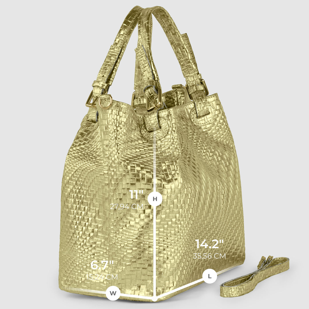 Italian Genuine Basketweave-Embossed Metallic Suede Top-Handle Bag | Imperia from KADOU Boutique