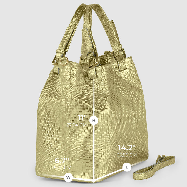 Italian Genuine Basketweave-Embossed Metallic Suede Top-Handle Bag | Imperia from KADOU Boutique