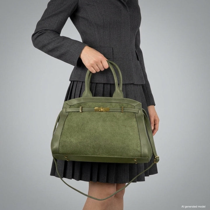 Italian Genuine Suede &amp; Full-Grain Leather Top-Handle Bag | Forlì