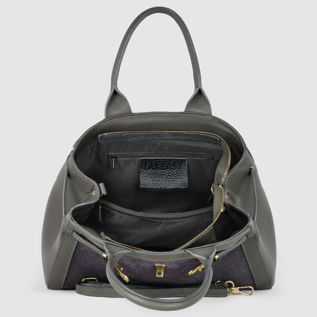 Italian Genuine Suede &amp; Full-Grain Leather Top-Handle Bag | Forlì