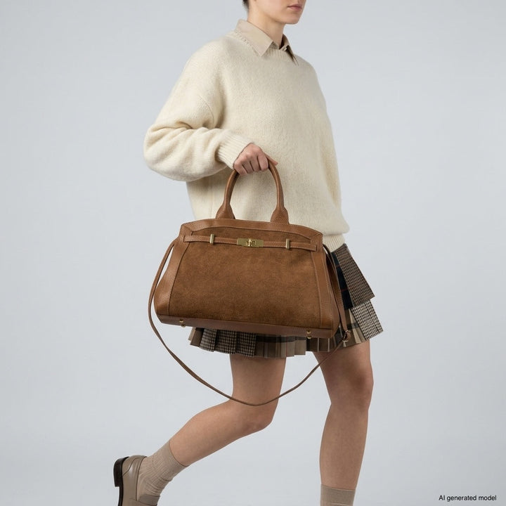Italian Genuine Suede &amp; Full-Grain Leather Top-Handle Bag | Forlì