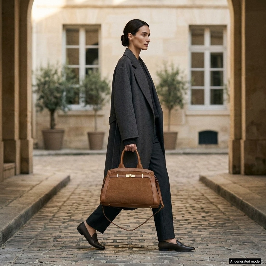 Italian Genuine Suede &amp; Full-Grain Leather Top-Handle Bag | Forlì