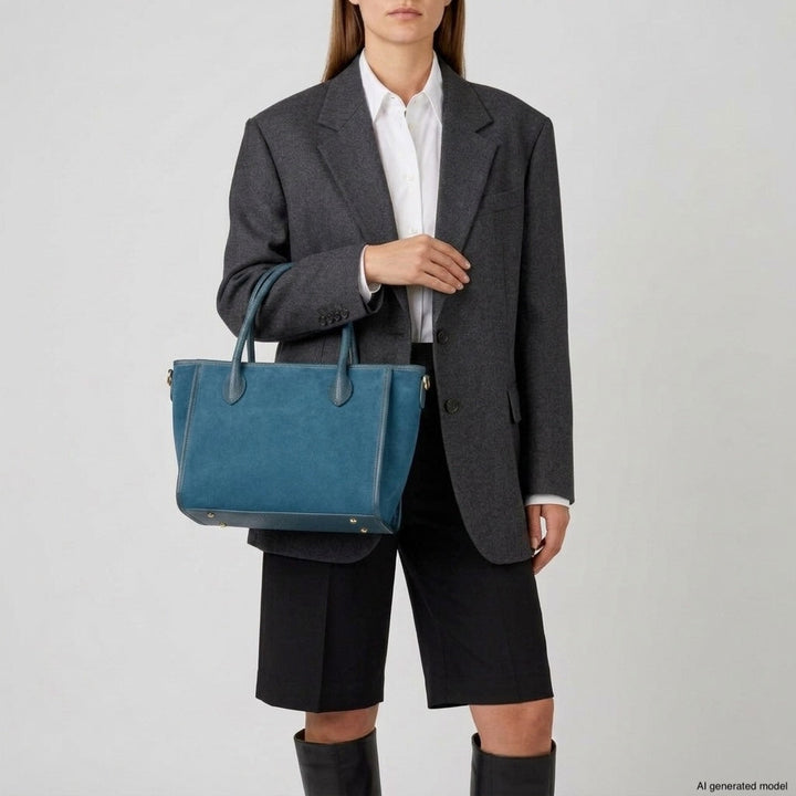 Italian Genuine Suede &amp; Full-Grain Leather Top-Handle Bag | Alba