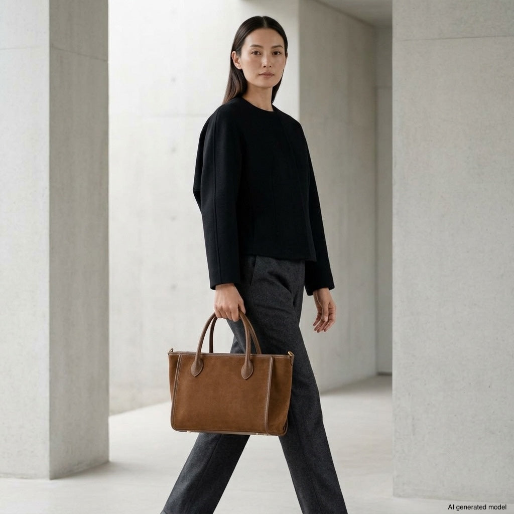 Italian Genuine Suede &amp; Full-Grain Leather Top-Handle Bag | Alba