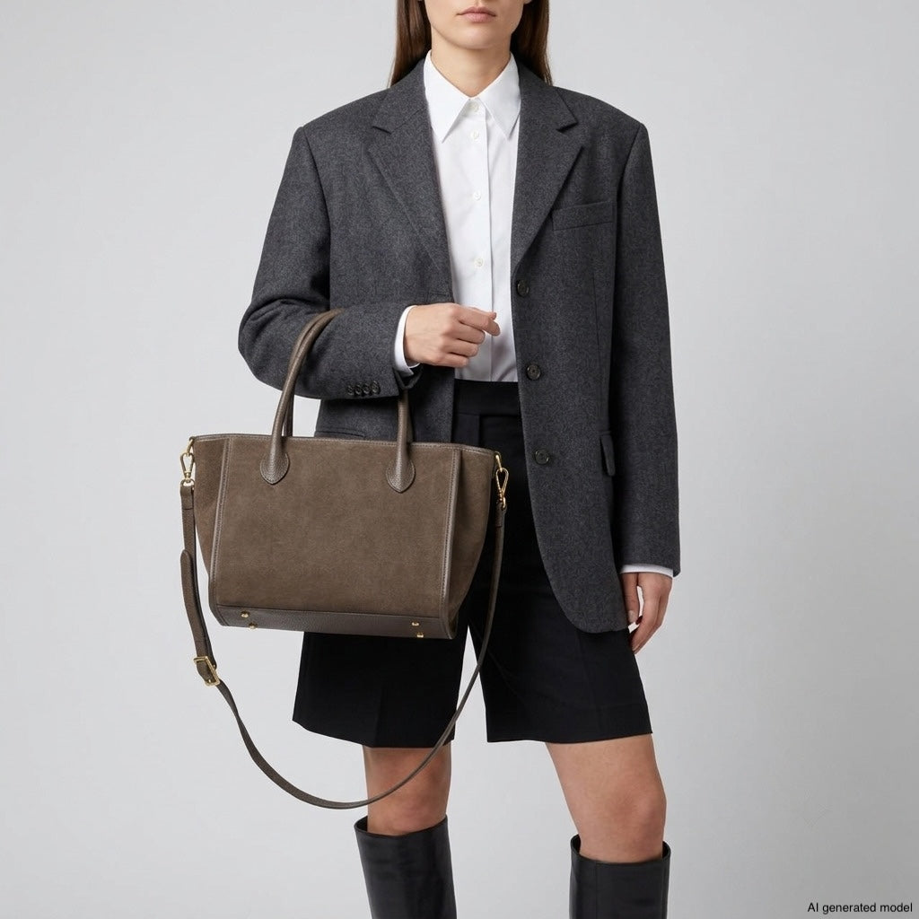 Italian Genuine Suede &amp; Full-Grain Leather Top-Handle Bag | Alba