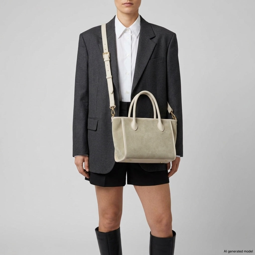 Italian Genuine Suede &amp; Full-Grain Leather Top-Handle Bag | Alba