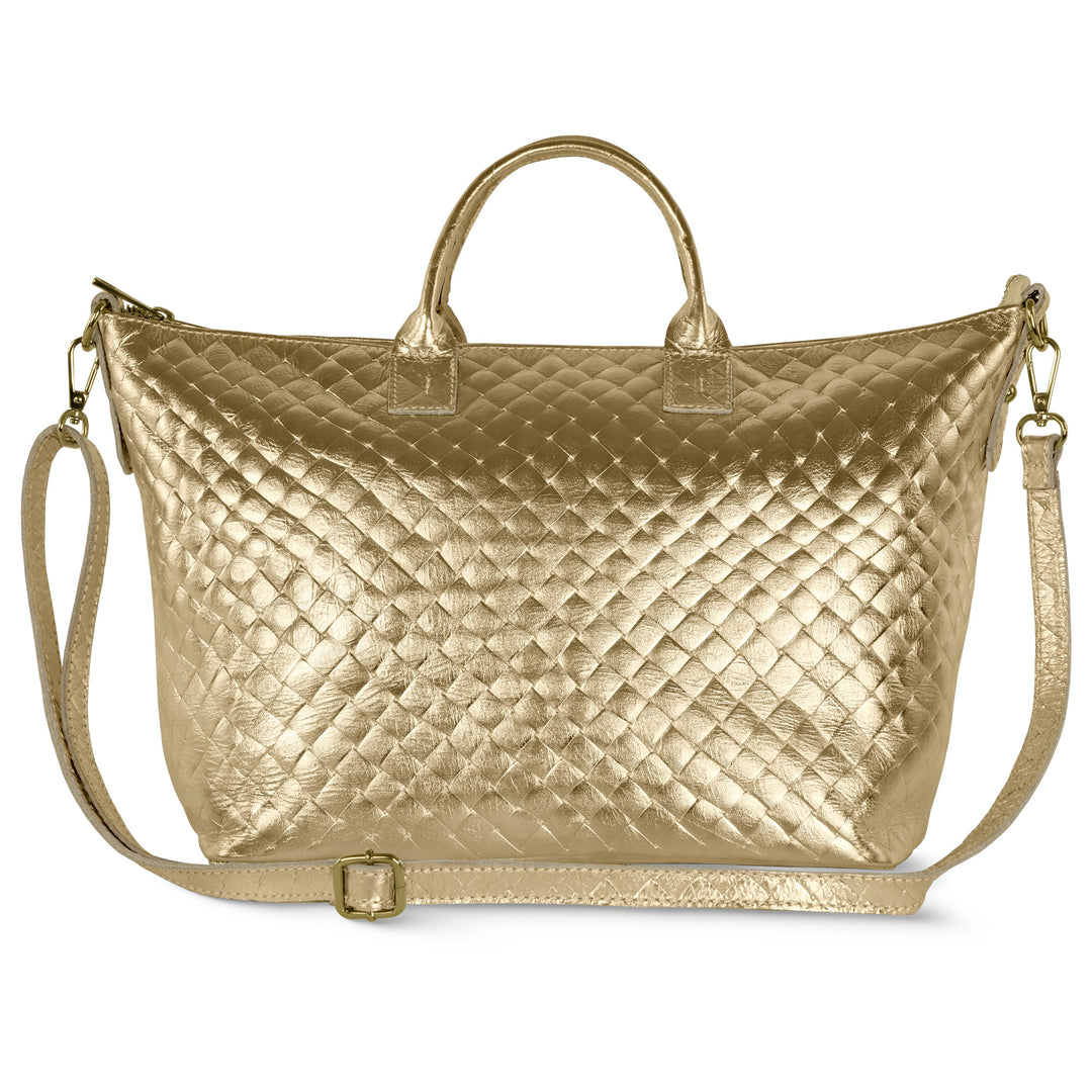 Italian Genuine Woven-Embossed Metallic Suede Top-Handle Bag | Urbino