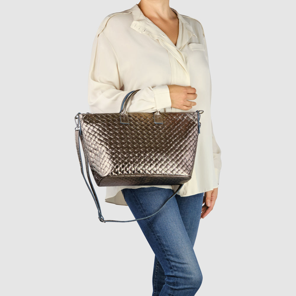 Italian Genuine Woven-Embossed Metallic Suede Top-Handle Bag | Urbino from KADOU Boutique
