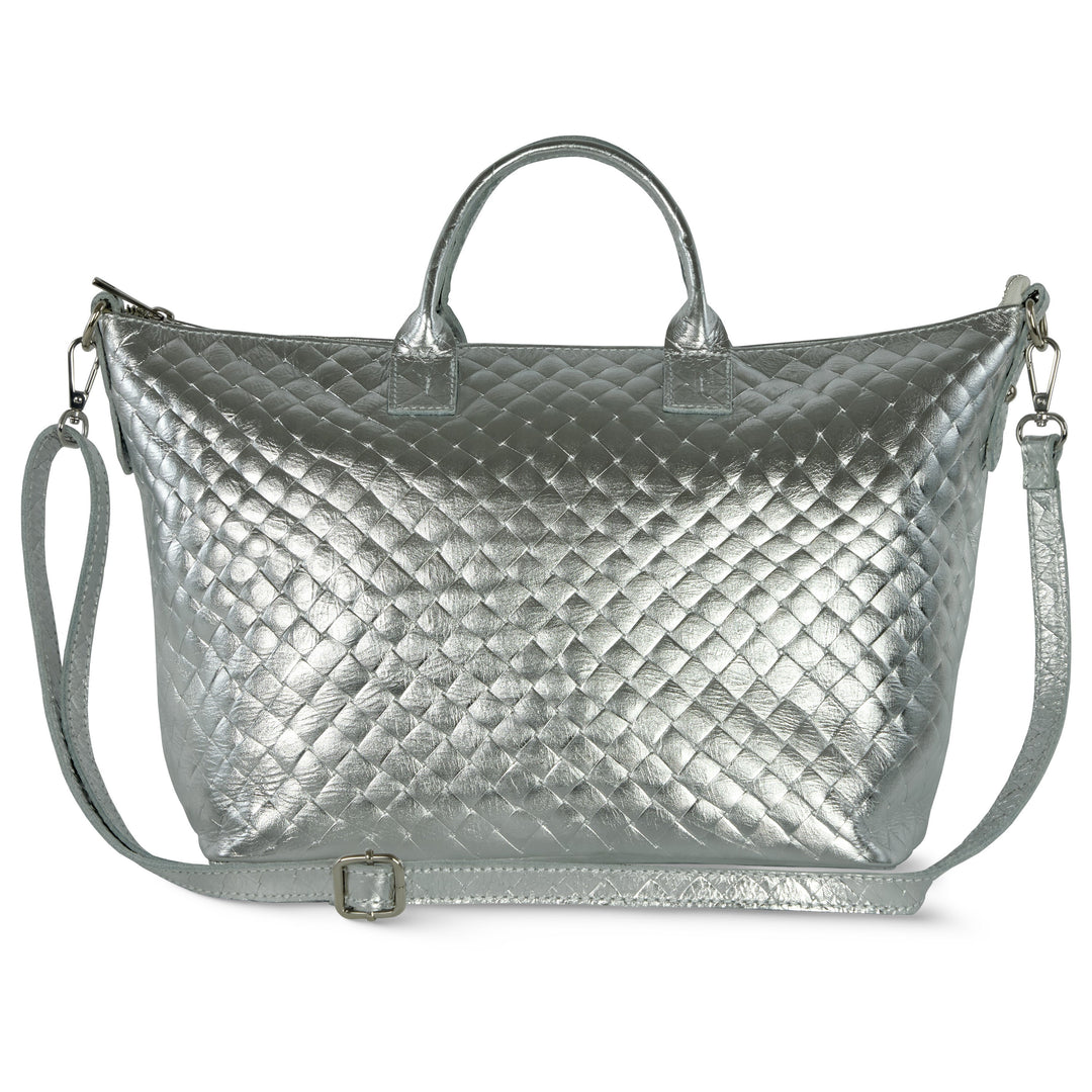 Italian Genuine Woven-Embossed Metallic Suede Top-Handle Bag | Urbino