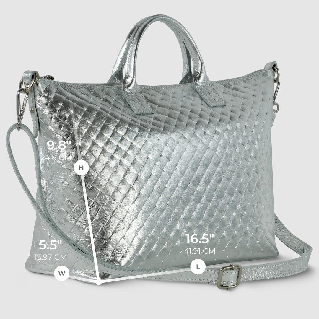 Italian Genuine Woven-Embossed Metallic Suede Top-Handle Bag | Urbino