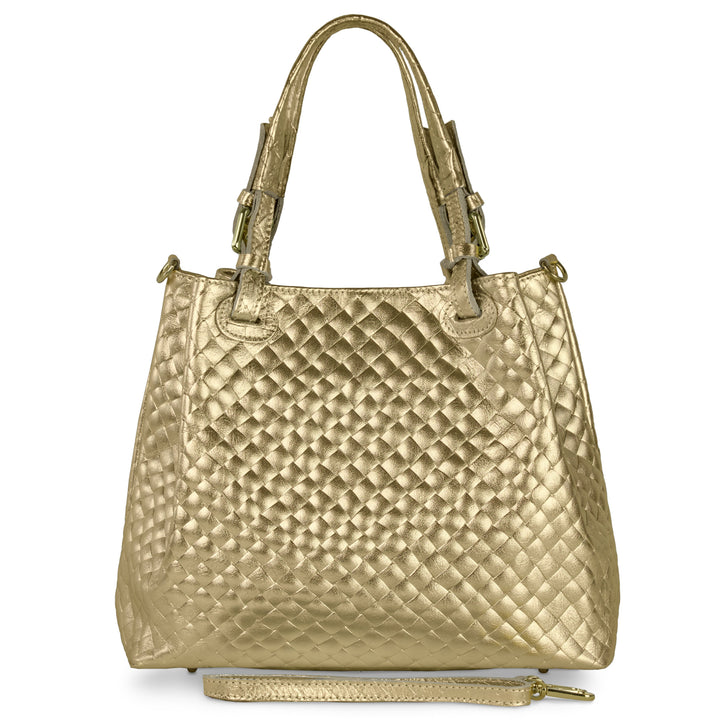 Italian Genuine Woven-Embossed Metallic Suede Top-Handle Bag | Savona