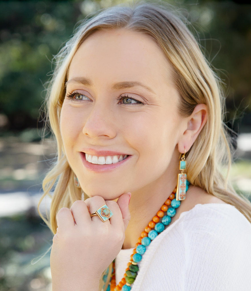 Talavera Tile Blue Turquoise Golden Ring from KADOU Boutique