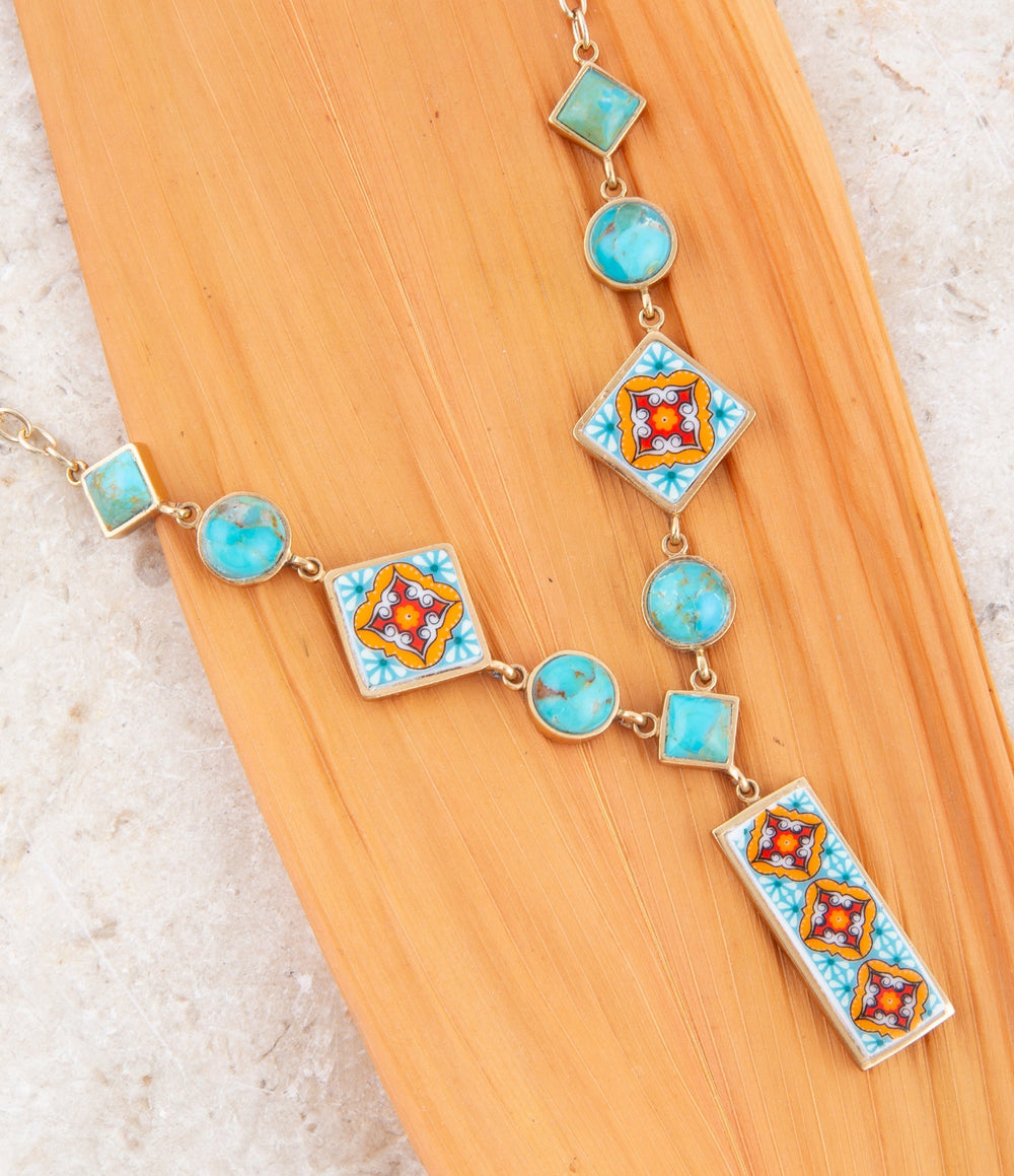 Talavera Tile and Blue Turquoise Golden Y-Neck Necklace from KADOU Boutique