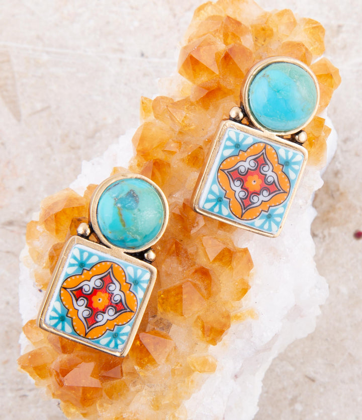 Talavera Tile Blue Turquoise Golden Drop Earrings from KADOU Boutique