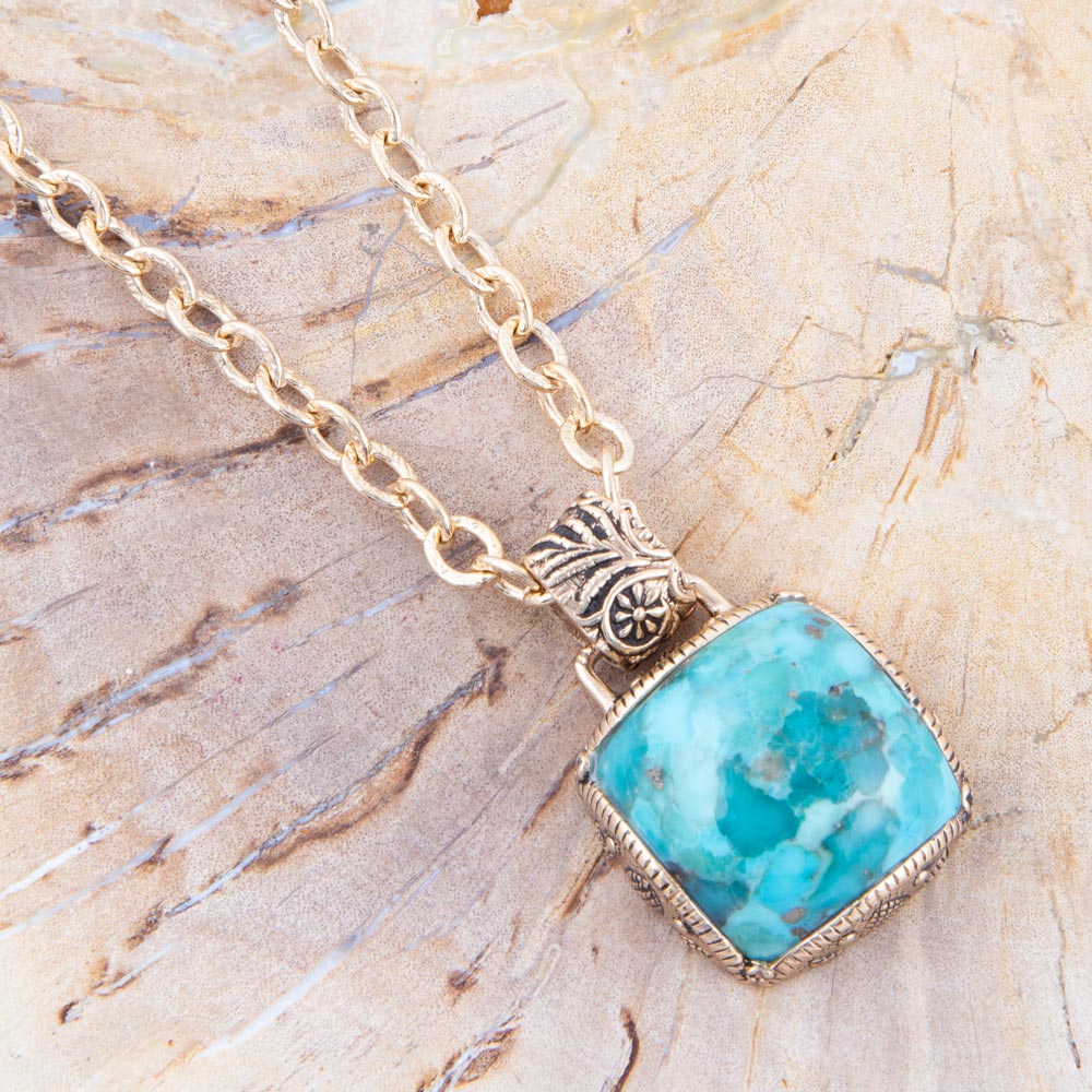 Carved Blue Turquoise Stone Golden Pendant Necklace from KADOU Boutique