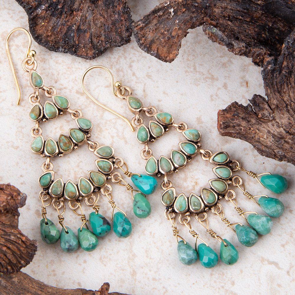 Triple the Blue Turquoise Golden Chandelier Earrings from KADOU Boutique