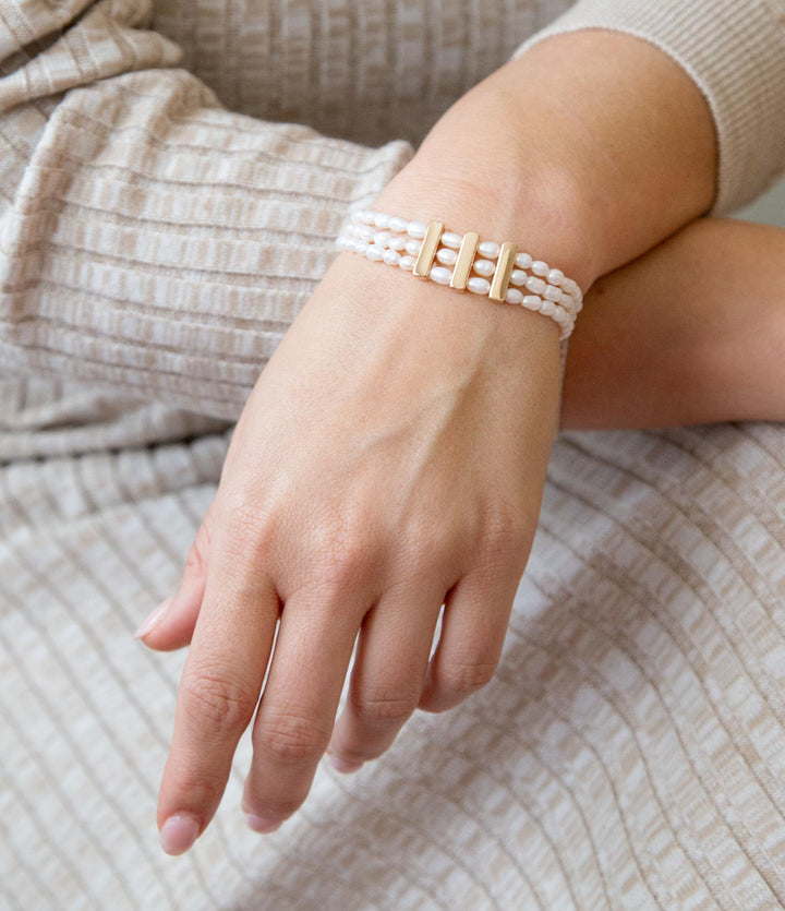 Triple Freshwater White Pearl Classic Golden Stretch Bracelet