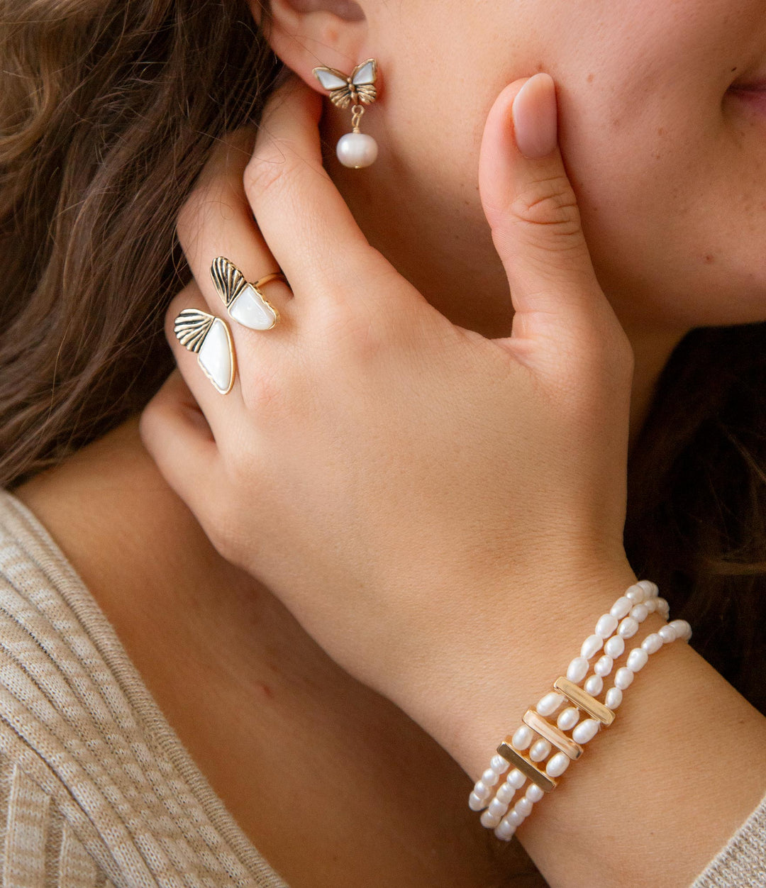 Triple Freshwater White Pearl Classic Golden Stretch Bracelet