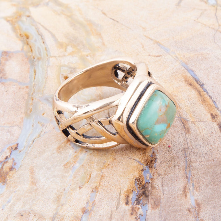 Blue Turquoise and Golden Bronze Cut Out Ring