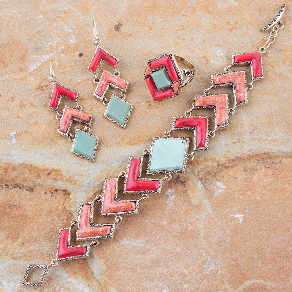 Green Turquoise and Coral Tapestry Golden Link Bracelet from KADOU Boutique