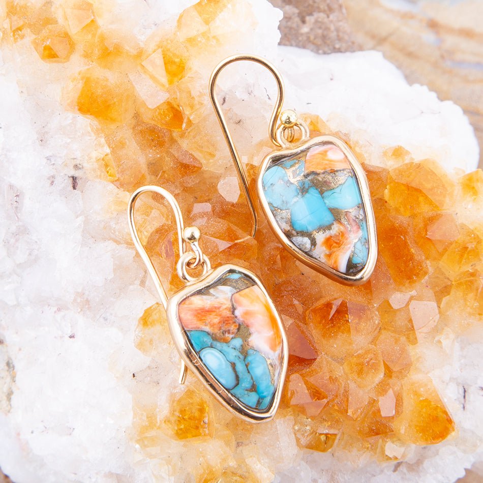 Blue Turquoise and Orange Spiny Oyster Matrix Golden Drop Earrings from KADOU Boutique