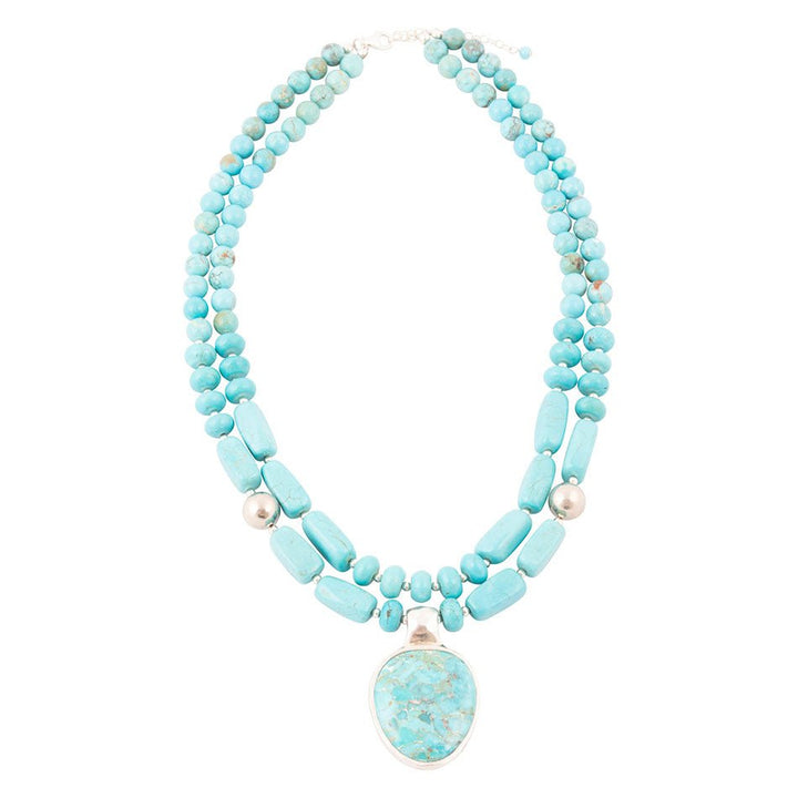 Double Stranded Blue Turquoise Sterling Silver Statement Pendant Necklace
