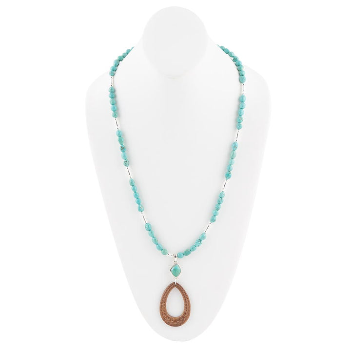 Blue Turquoise and Brown Woven Wood Pendant Sterling Silver Necklace