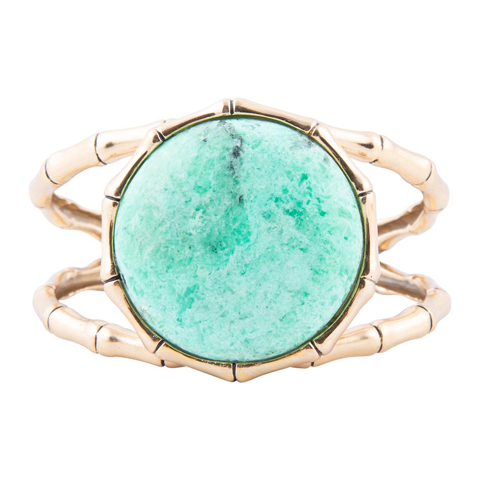 Vibrant Green Chrysoprase Golden Bamboo Statement Cuff Bracelet from KADOU Boutique