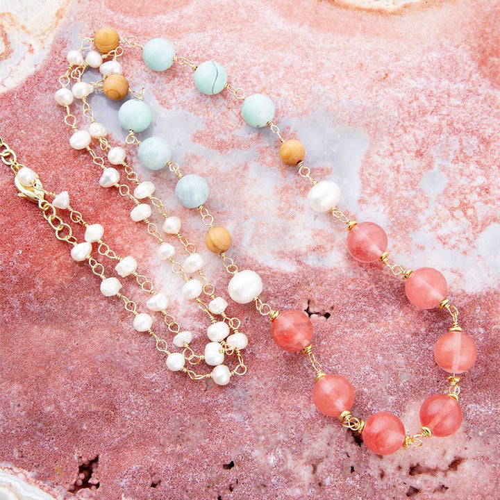 Watermelon Kiss Mint Jasper Golden Long Necklace