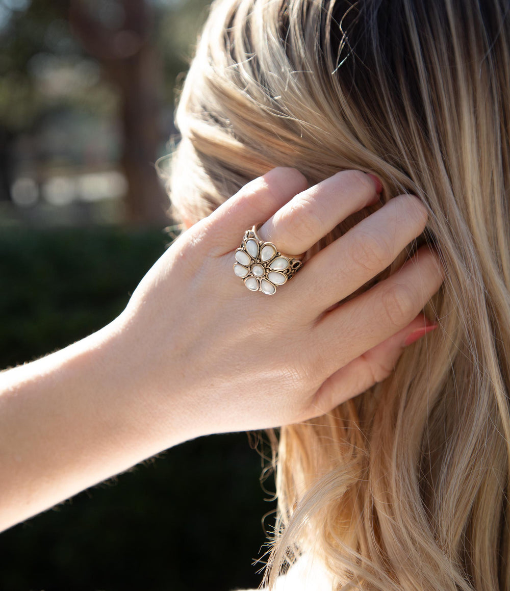 White Hibiscus Mother of Pearl and Golden Ring from KADOU Boutique