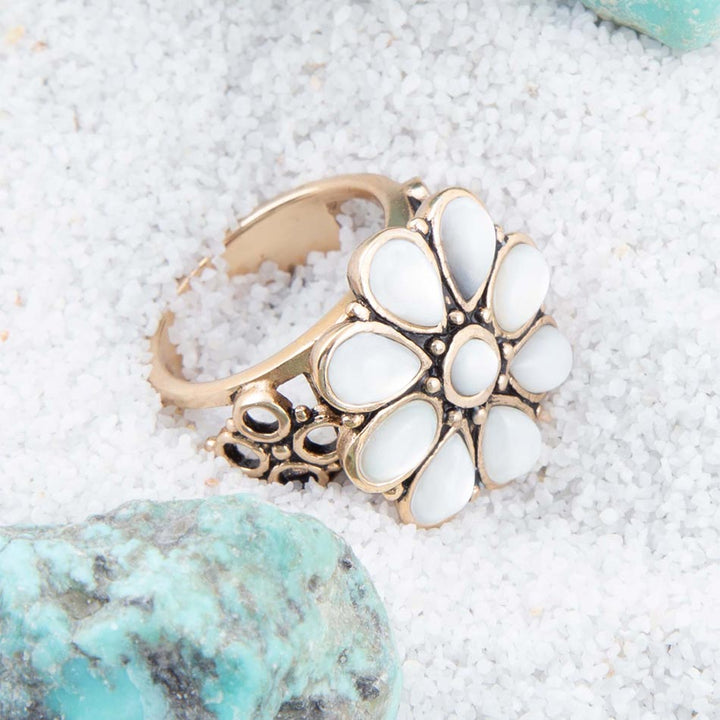 White Hibiscus Mother of Pearl and Golden Ring