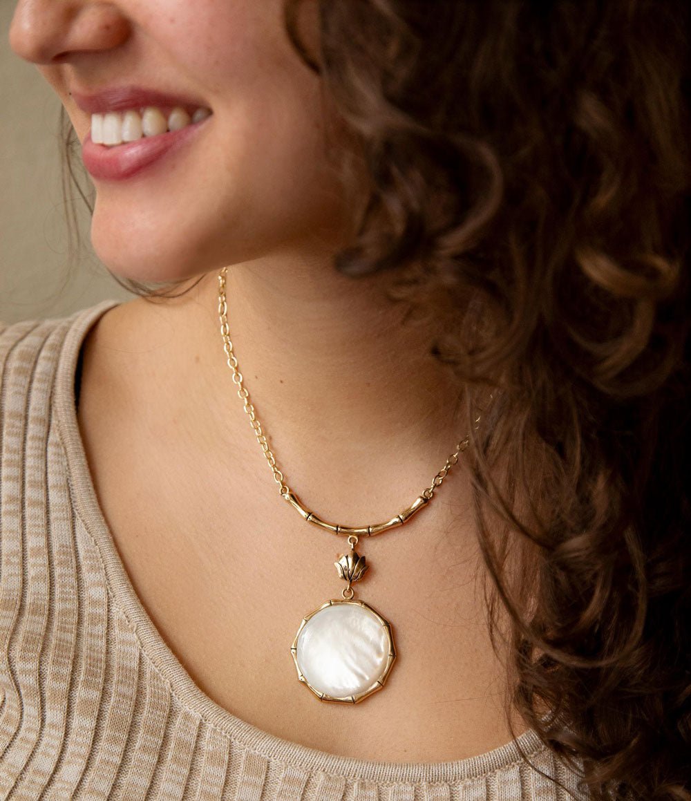 White Mother of Pearl Golden Statement Pendant Necklace from KADOU Boutique