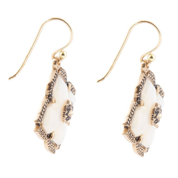 White Mother of Pearl Maltese Cross Golden Drop Earrings
