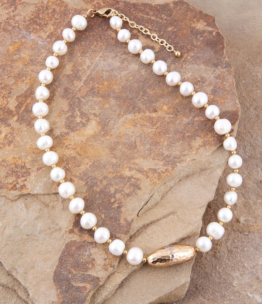 White Pearl Golden Beaded Strand Necklace from KADOU Boutique